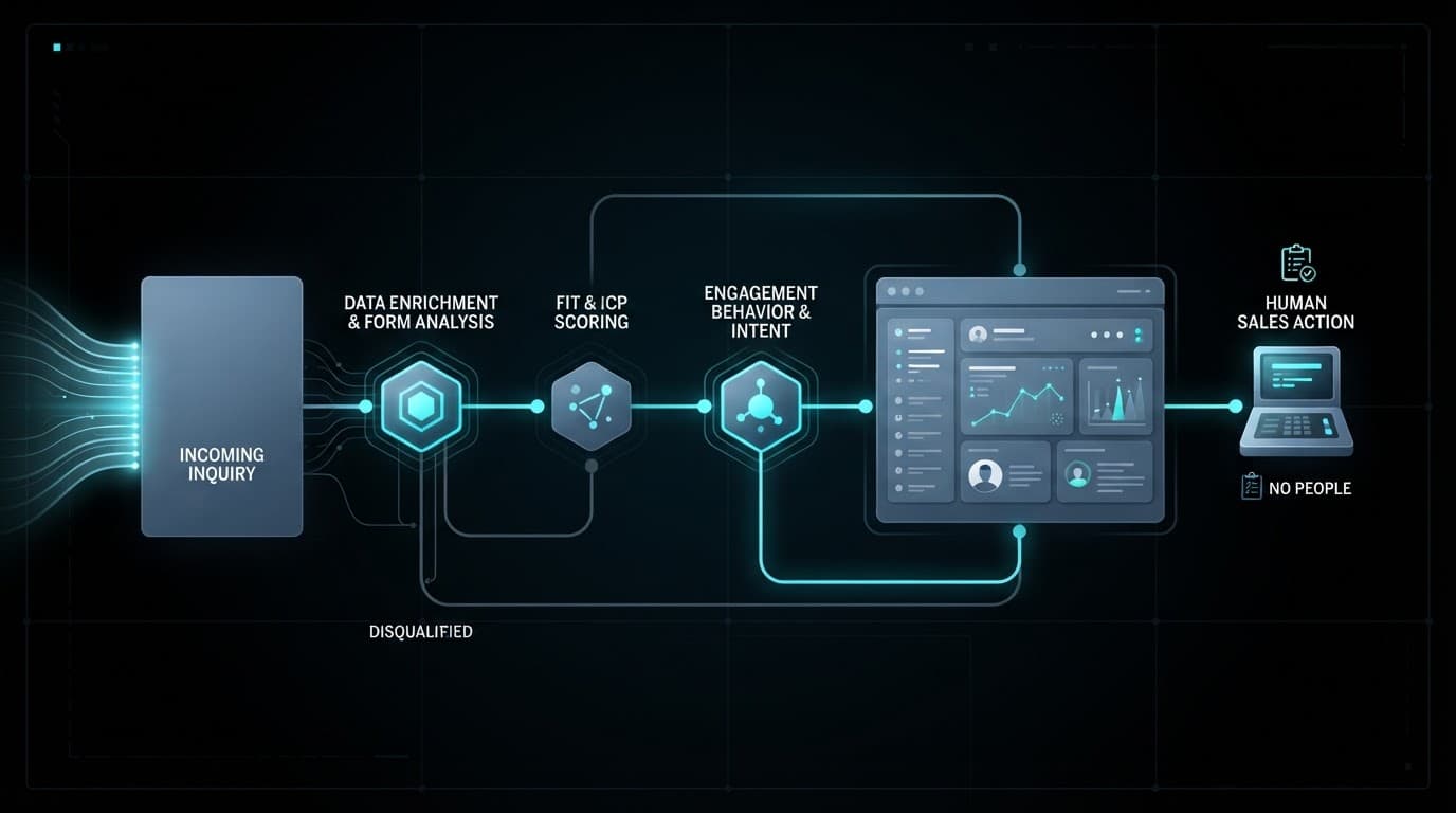 Connected sales workflow routing an inquiry into a CRM record and follow-up action.