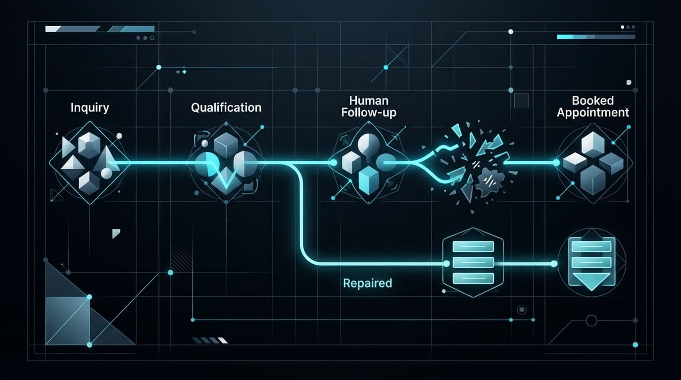Cyan sales pipelines show a stalled handoff and a repaired route to an appointment.