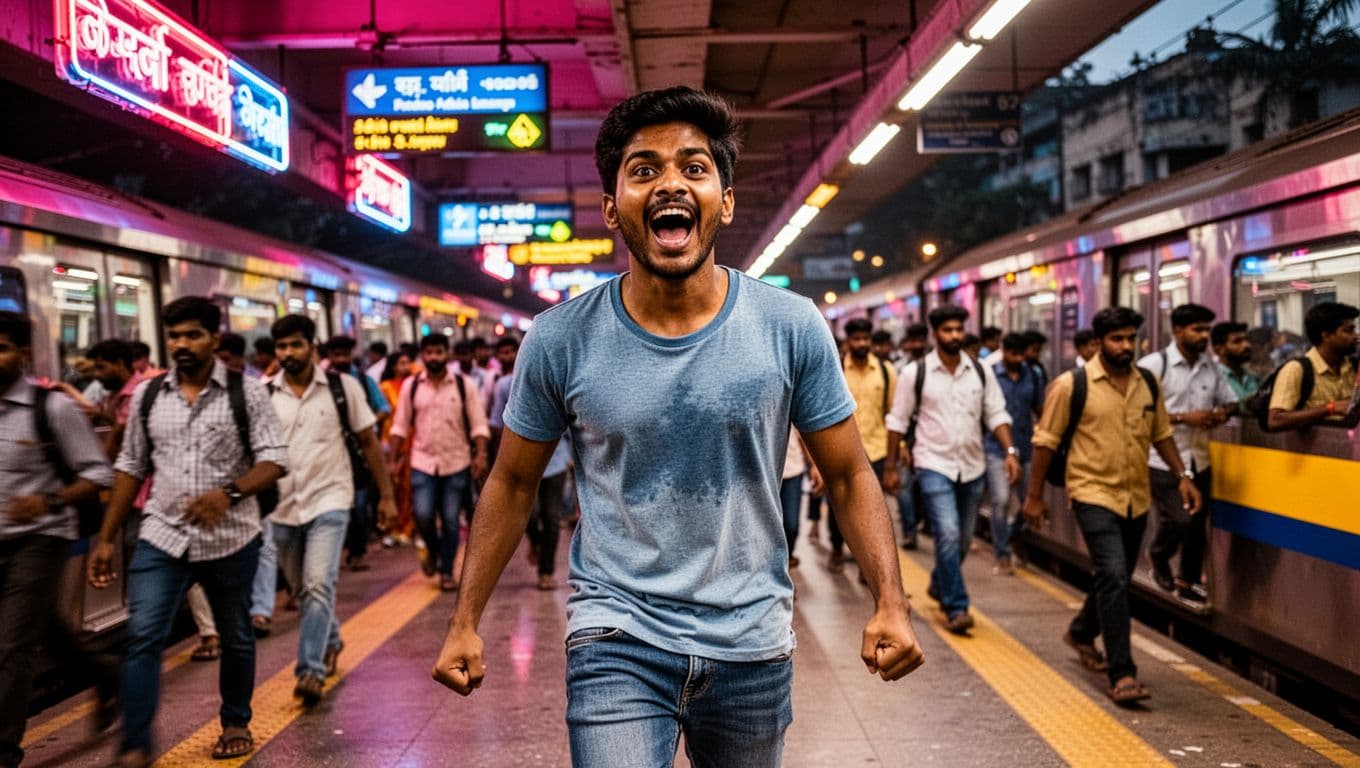 A dynamic street photography portrait of exactly one excited young Indian man in casual t-shirt and jeans on a crowded Mumbai metro station platform during evening rush hour, illuminated by neon signs and vibrant pinks, blues, and yellows.