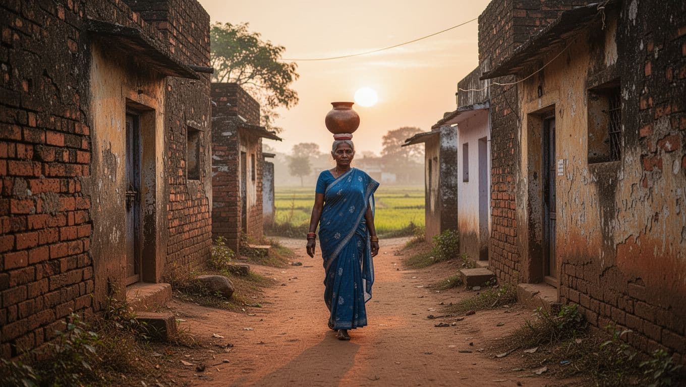 A serene landscape view of a narrow old alley in an Indian village during golden hour sunset, featuring one middle-aged woman in a simple blue saree walking slowly with a pot on her head, peaceful mood with soft warm lighting and rustic brick walls.