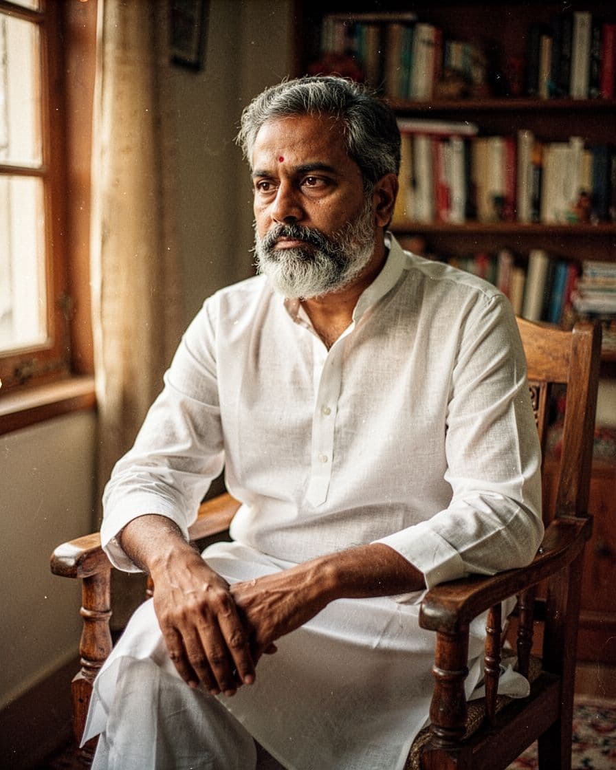 A serene close-up portrait of exactly one middle-aged Indian man with a salt-and-pepper beard, wearing a traditional white kurta, seated on a wooden chair in a cozy room with warm cinematic lighting and a blurred bookshelf background.