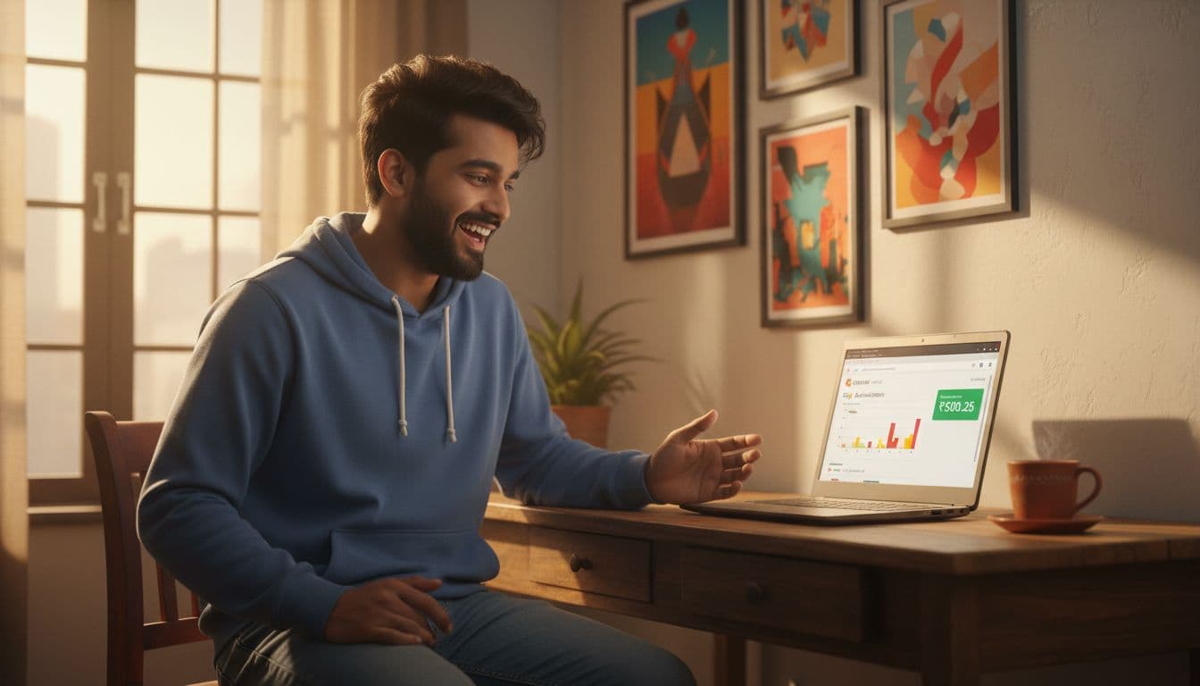 A young Indian man in his early 20s, smiling broadly at his laptop displaying initial Google AdSense earnings of around 500 rupees, sits at a wooden desk in a cozy room with a cup of chai, soft morning light illuminating his excited expression.