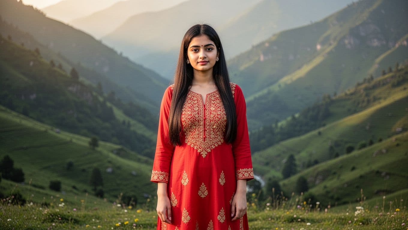 A 20-year-old Indian woman with fair skin and long straight black hair stands gracefully in a vibrant red salwar kameez with golden embroidery, in a lush green mountain valley under soft golden hour sunlight.