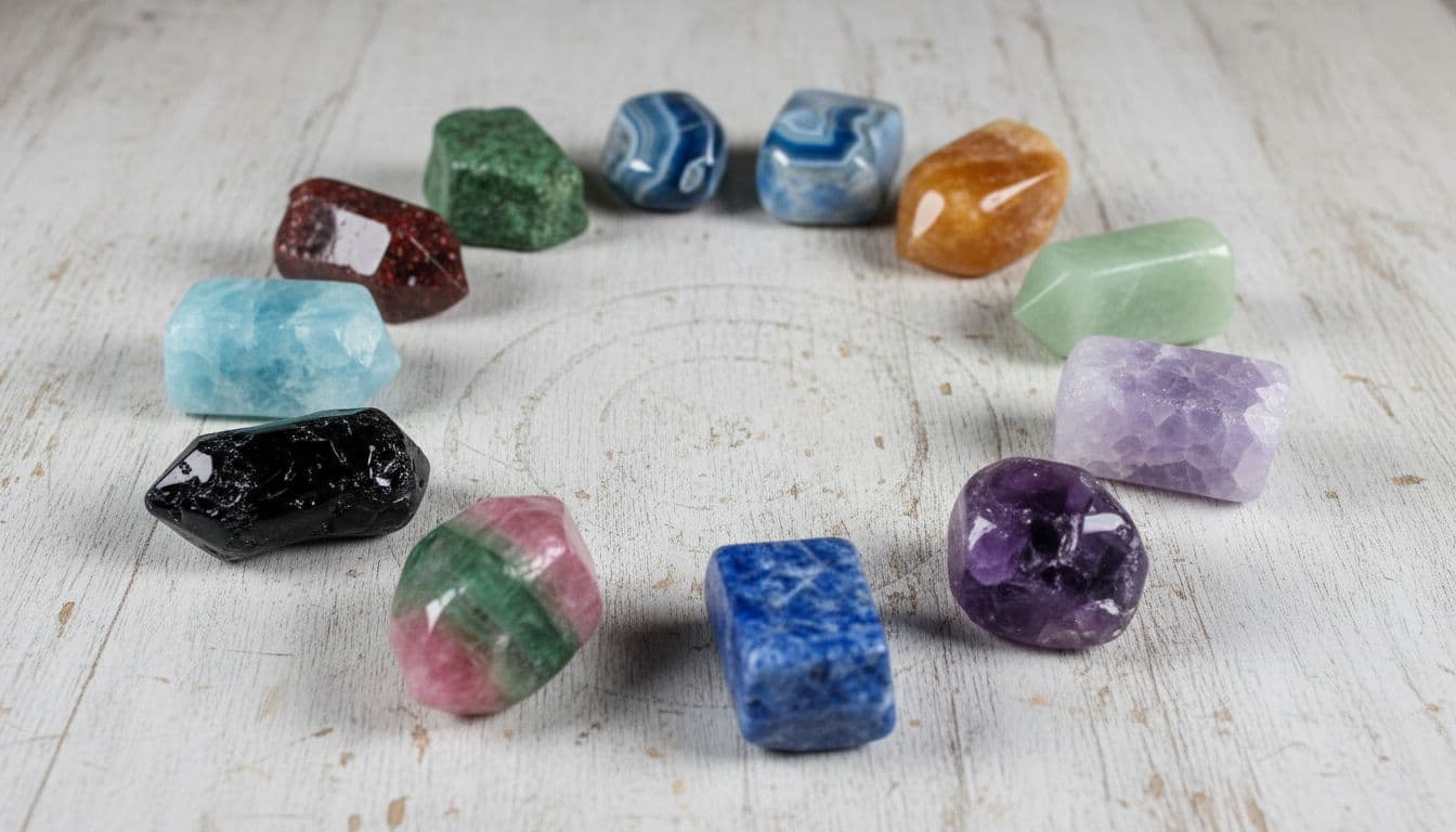 Twelve colorful crystals arranged in a loose circle on a neutral wooden table.