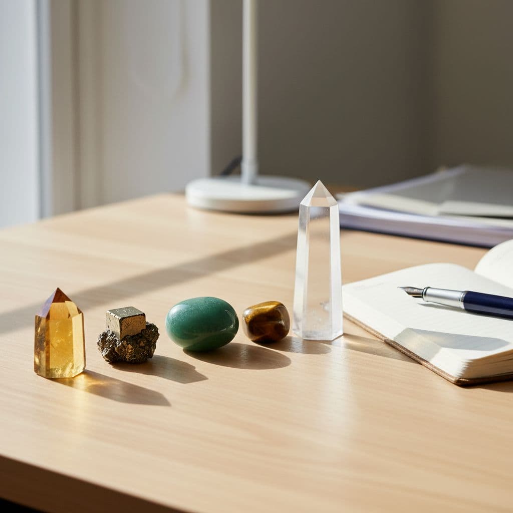 Citrine, pyrite, green aventurine, tiger's eye, and clear quartz arranged on wooden office desk next to notebook and pen.