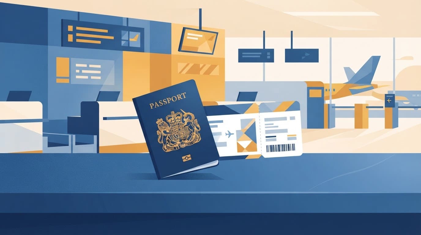 British passport and boarding pass on an airport check-in desk.