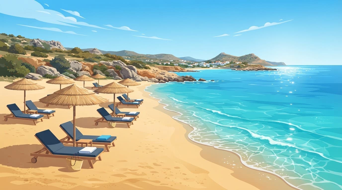 Sunny Cyprus beach with turquoise water, golden sand, and empty loungers under straw umbrellas.