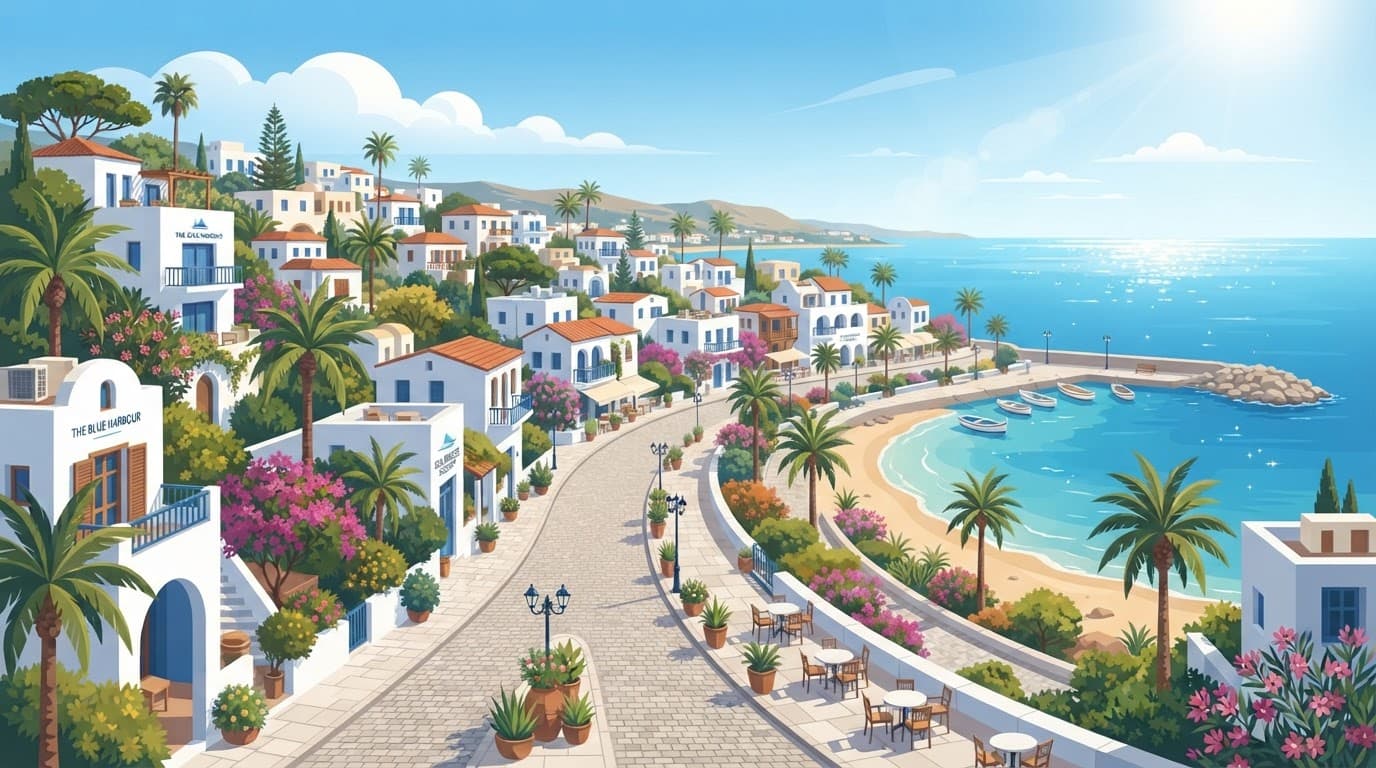 White hotels, palm trees, and sunny streets beside the Mediterranean coast.