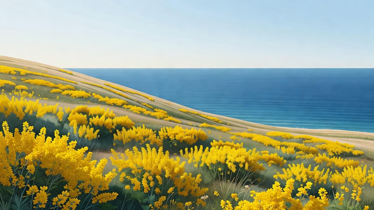 Blooming yellow wildflowers on a coastal hill overlooking the blue Mediterranean sea.