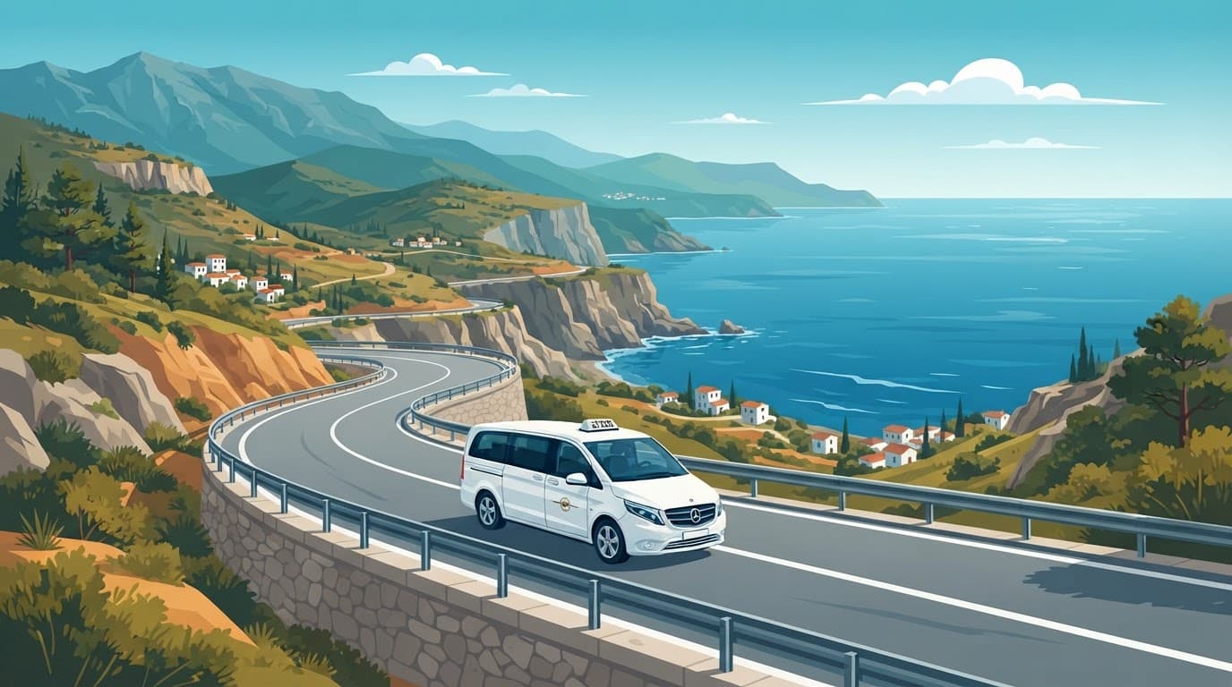 A taxi drives along a coastal road with blue sea and mountains in Cyprus.