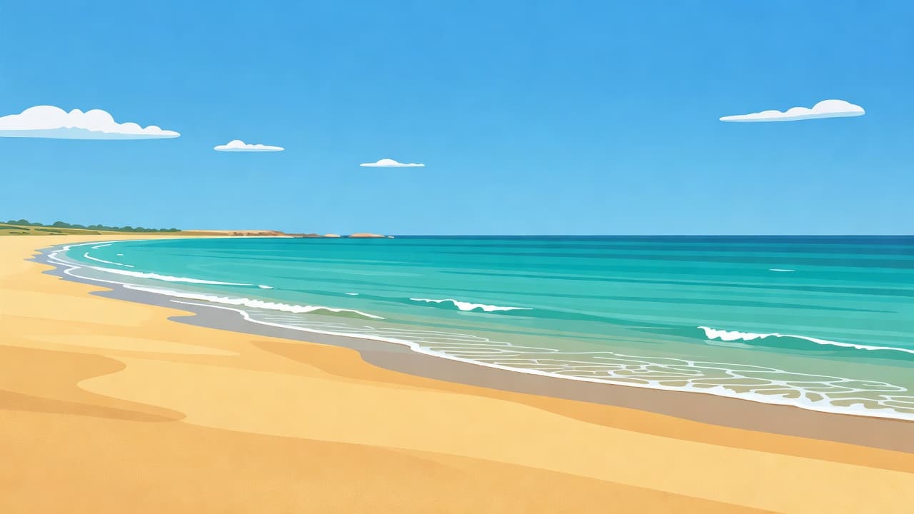 An illustrated view of a sunny golden beach and clear turquoise sea in Cyprus.