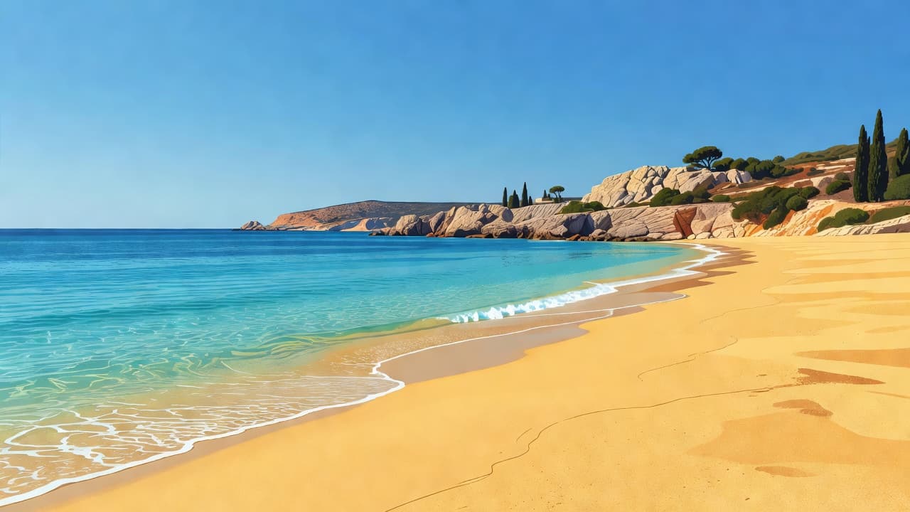 Turquoise waves lapping at golden sand under a blue sky.