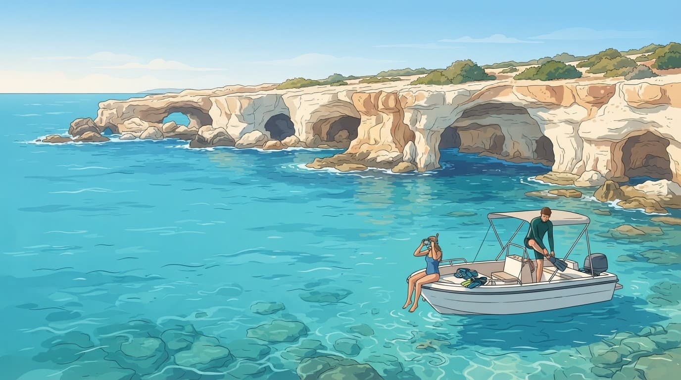 One small boat with two snorkellers floats near sunlit limestone sea caves.