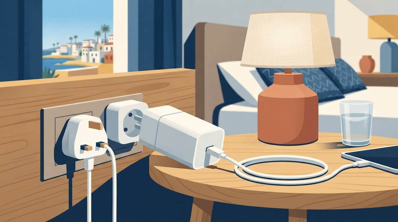 A UK plug and travel adapter on a hotel bedside table in Cyprus.