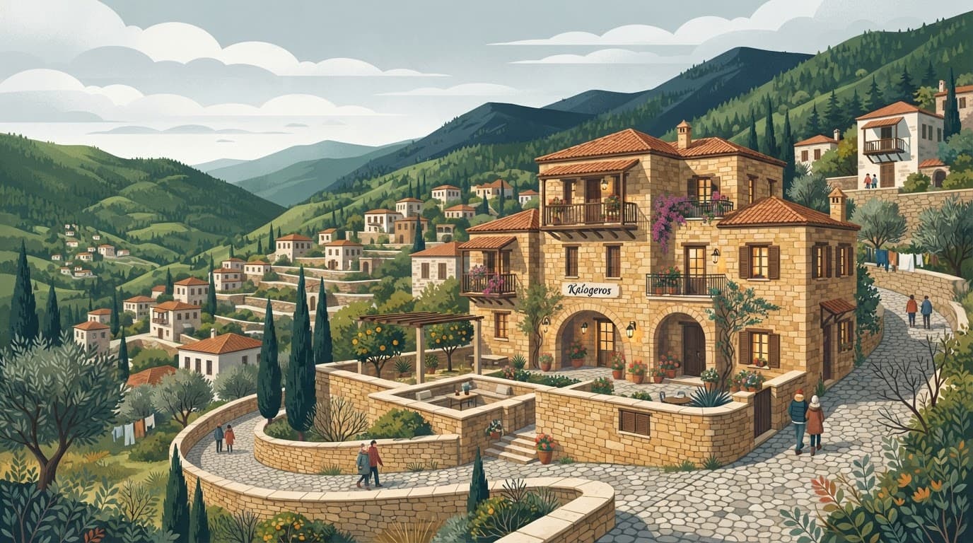 A stone-built boutique hotel nestled in green hills during a peaceful winter season.