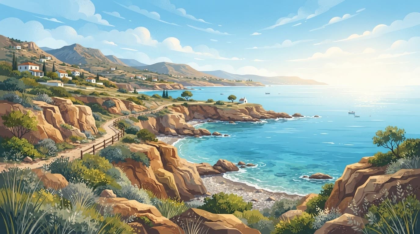 Turquoise sea water and a rocky shoreline under a bright blue sky.