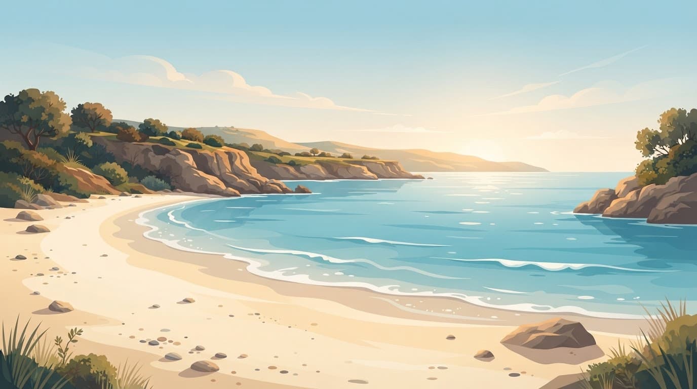 Soft morning sunlight illuminates a quiet sandy beach and gentle waves along the Cyprus coast.