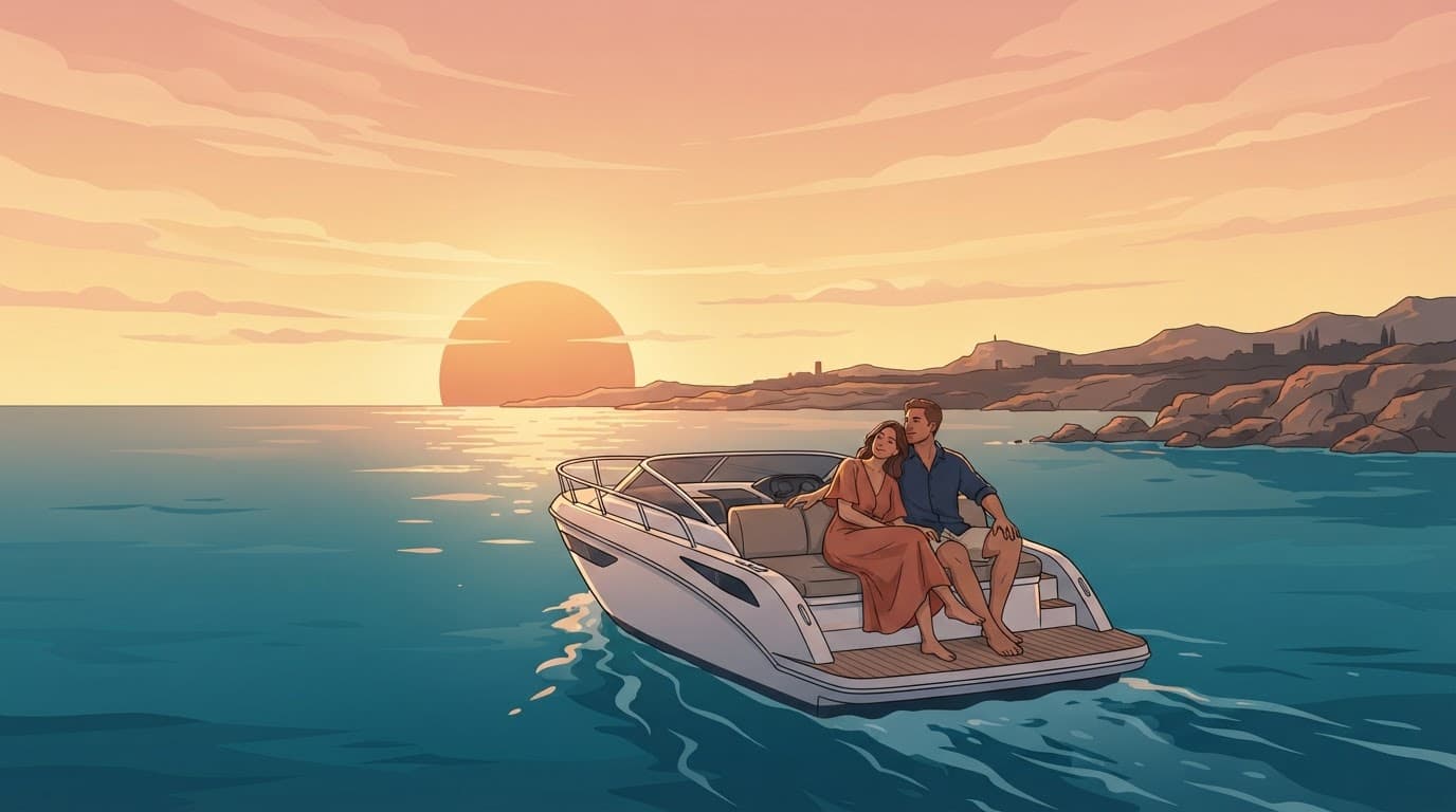A couple sits on a yacht deck during sunset off the Cyprus coast.