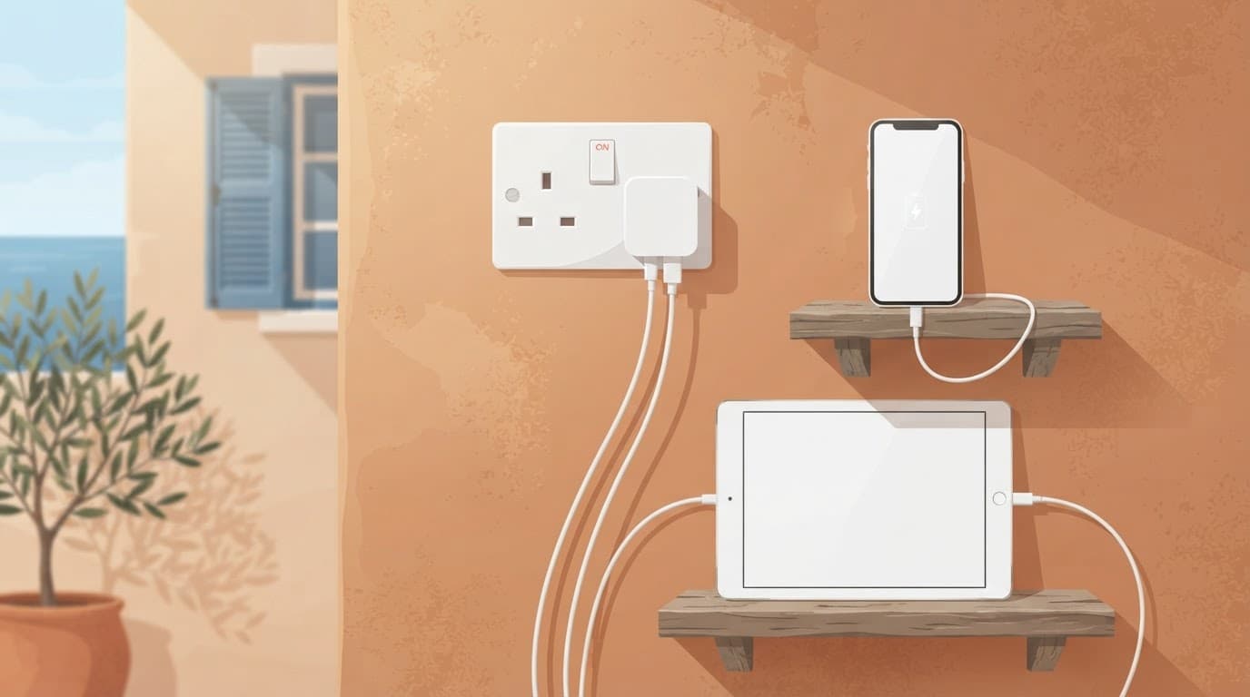 Phone and tablet plugged into a wall socket in warm Mediterranean colors.