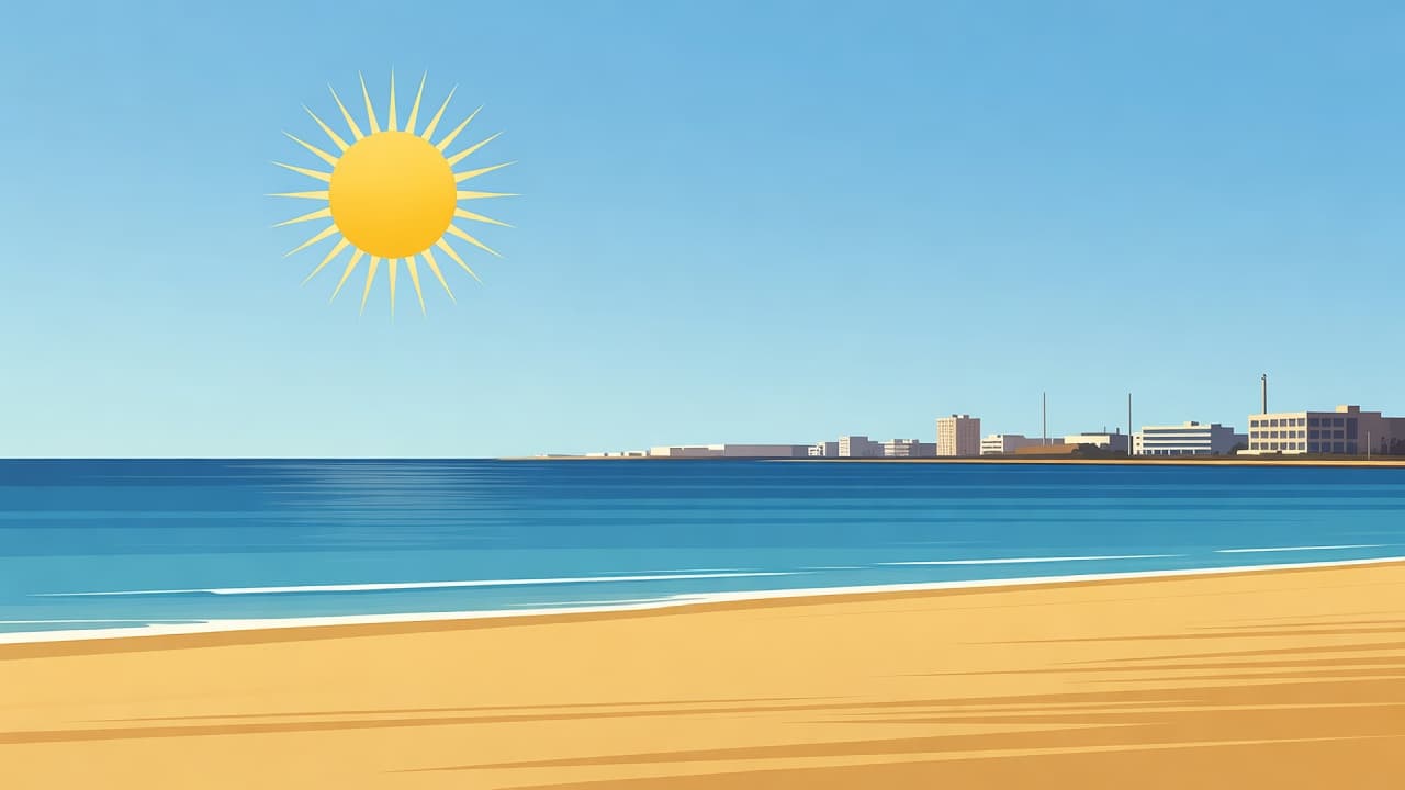 A stylized illustration of golden beach sands and calm blue waters along the Cyprus coast.