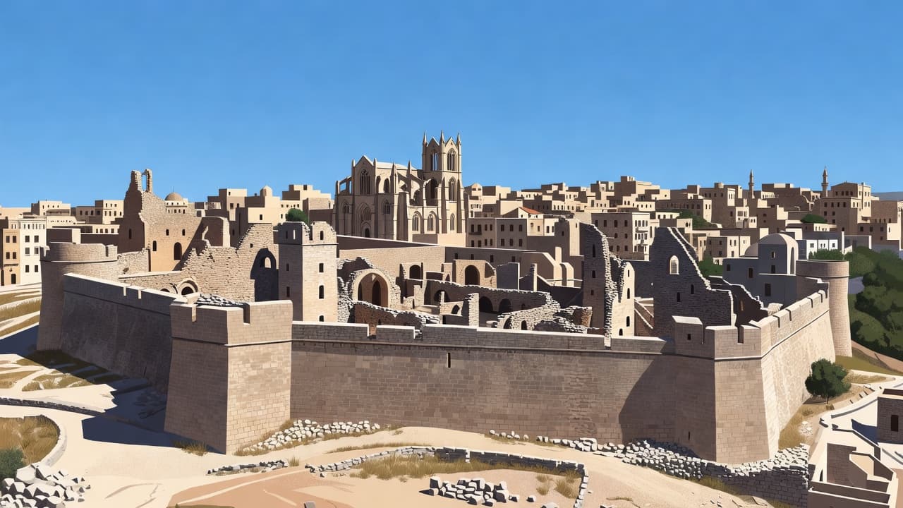 Ancient stone walls and medieval ruins stand beneath a bright sunny sky.
