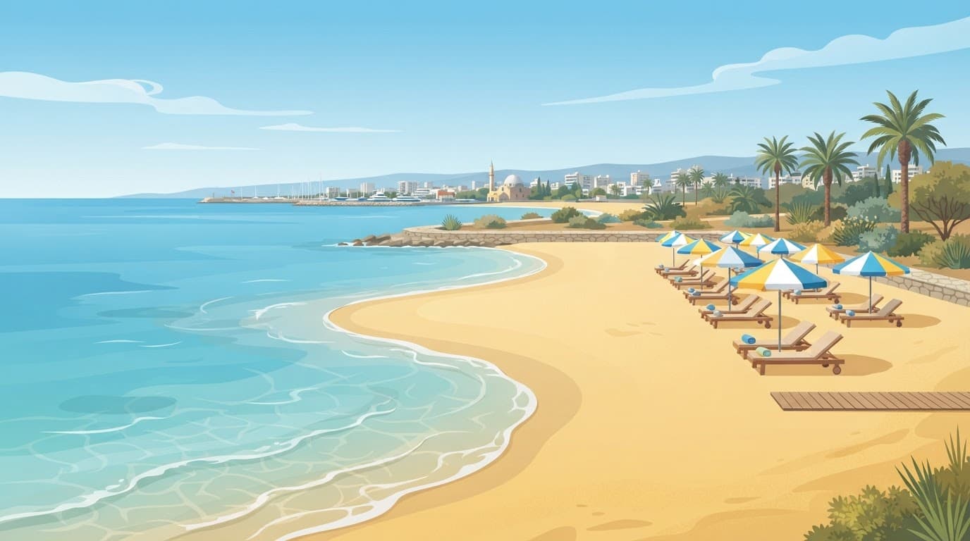 A sunny Larnaca beach with shallow turquoise water, golden sand, umbrellas, and loungers.