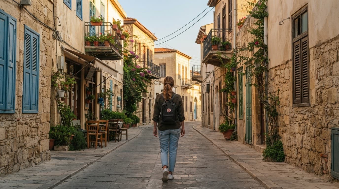 A solo traveller walks through a narrow historic street in Larnaca.