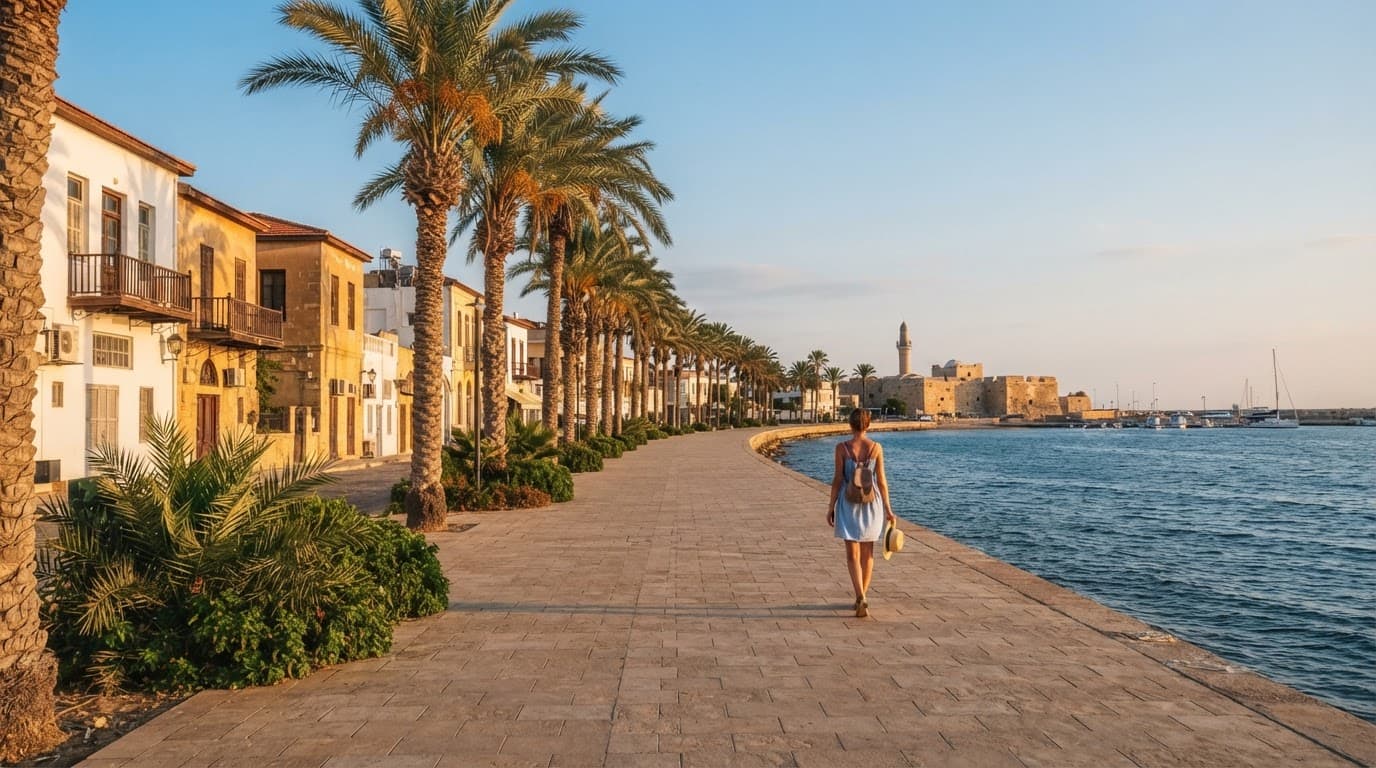 One traveller walks beside Larnaca's palm-lined seafront with the Mediterranean and old town behind.