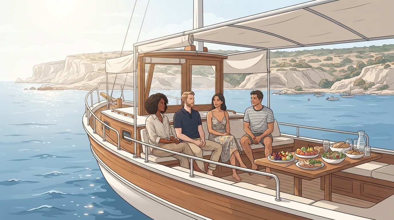 Four travellers relax on a traditional boat with food and drinks near the pale Akamas coast.