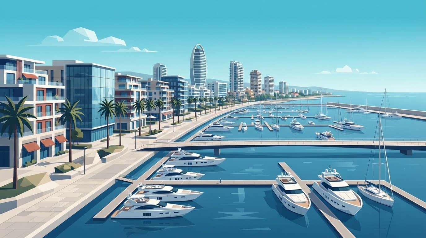 Modern yachts and sleek buildings along a palm-lined Limassol waterfront.