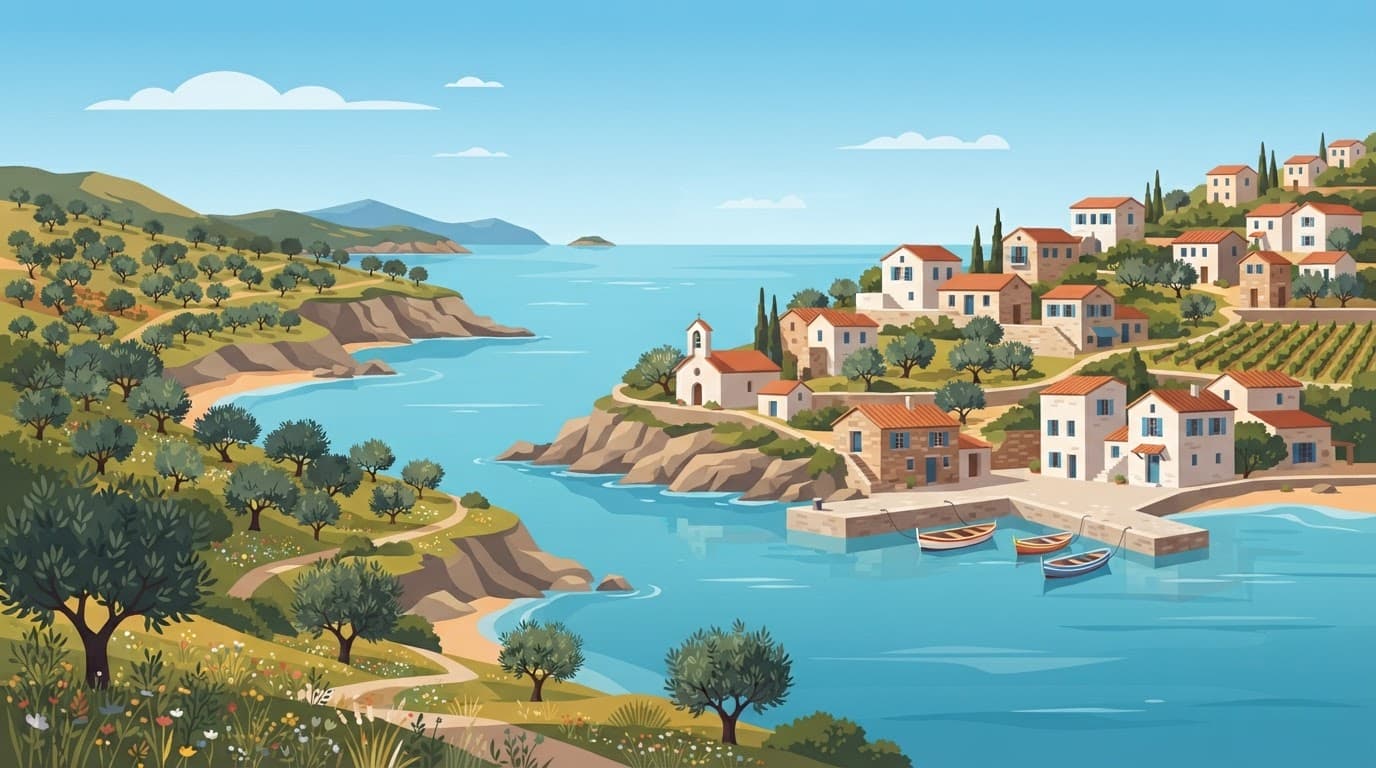 Sunny Mediterranean coast with olive trees, stone buildings, and calm blue water.