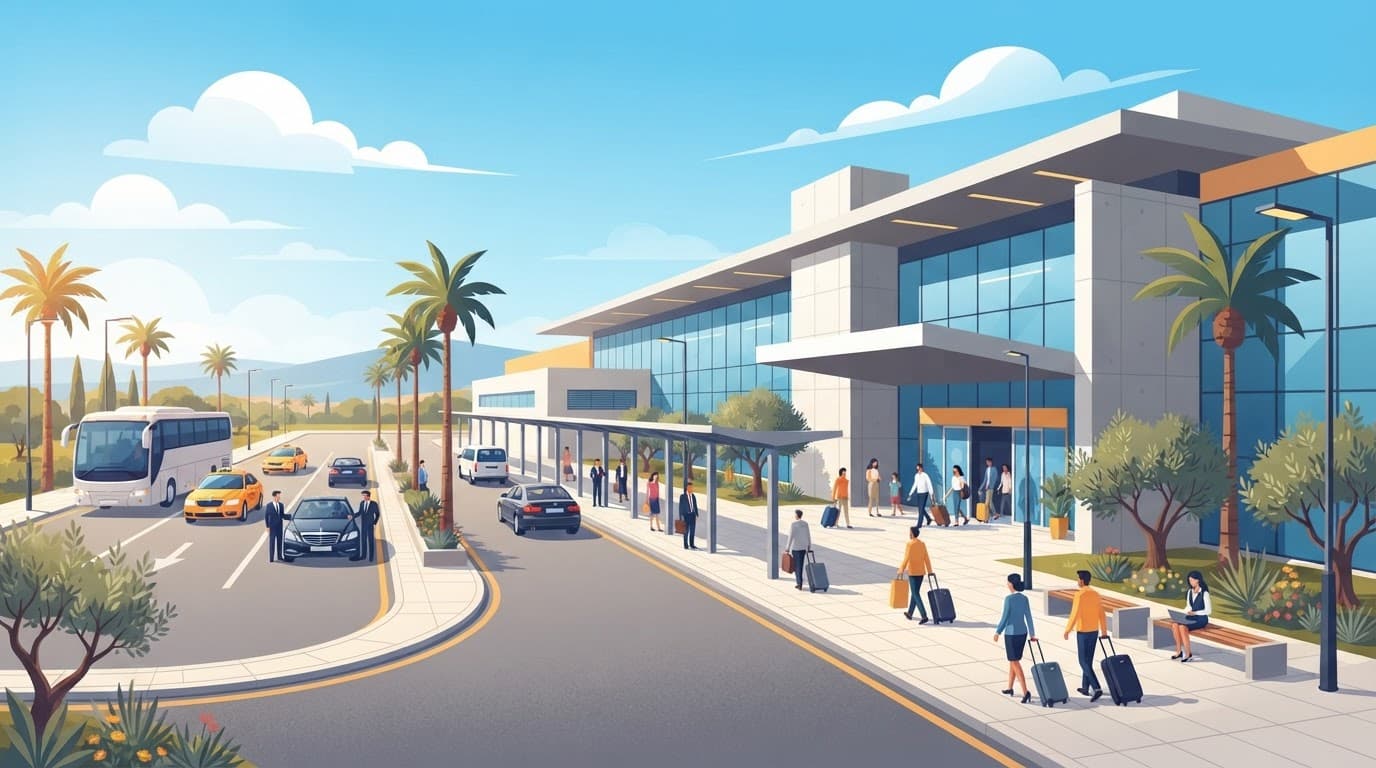 Paphos airport arrivals terminal exterior with palm trees in a clean vector style.
