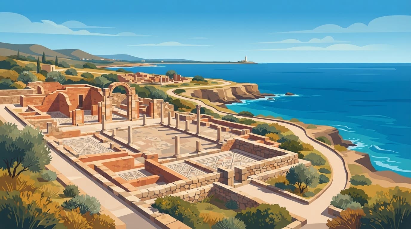 Illustration of Roman ruins beside Paphos's blue Mediterranean coastline.