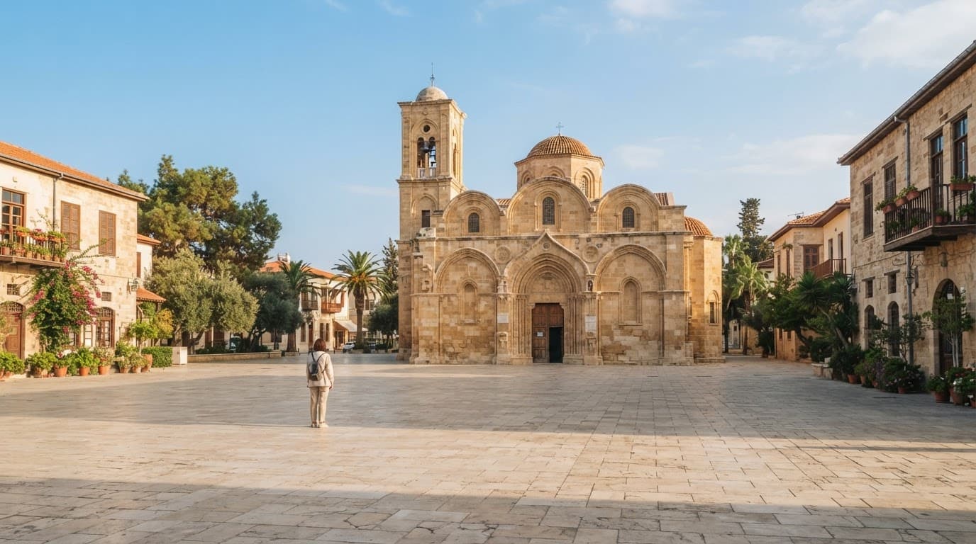 Saint Lazarus Church facing a quiet square with trees and one distant traveller.