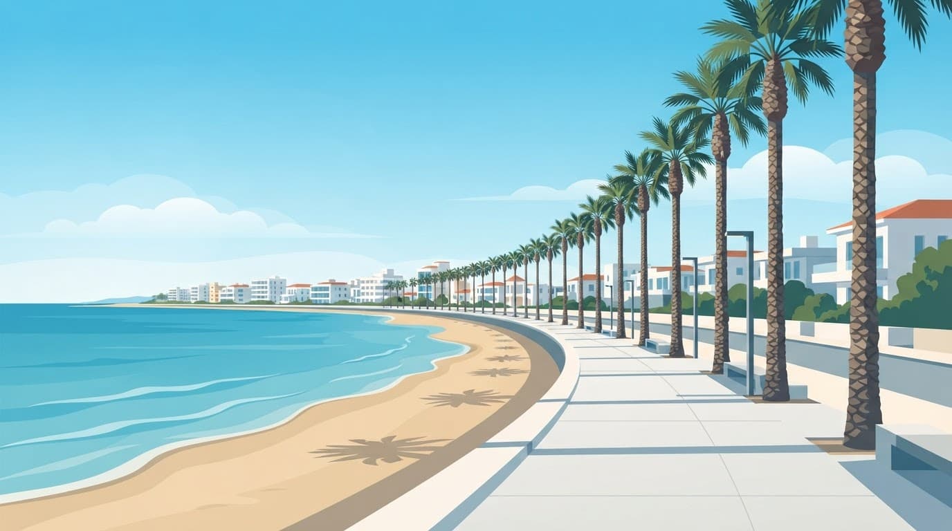 Palm trees line a sunny walkway beside calm shallow sea.