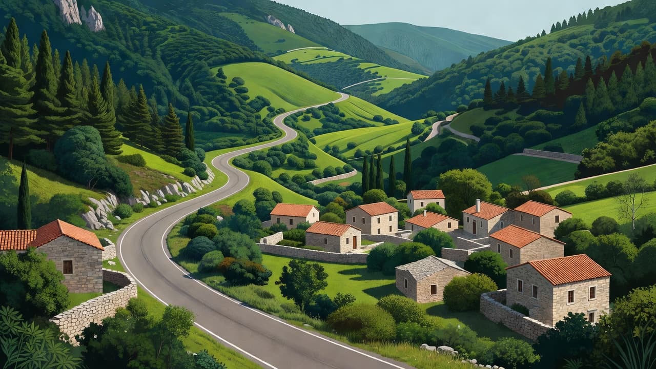A scenic mountain road winds past traditional stone houses in a green valley.