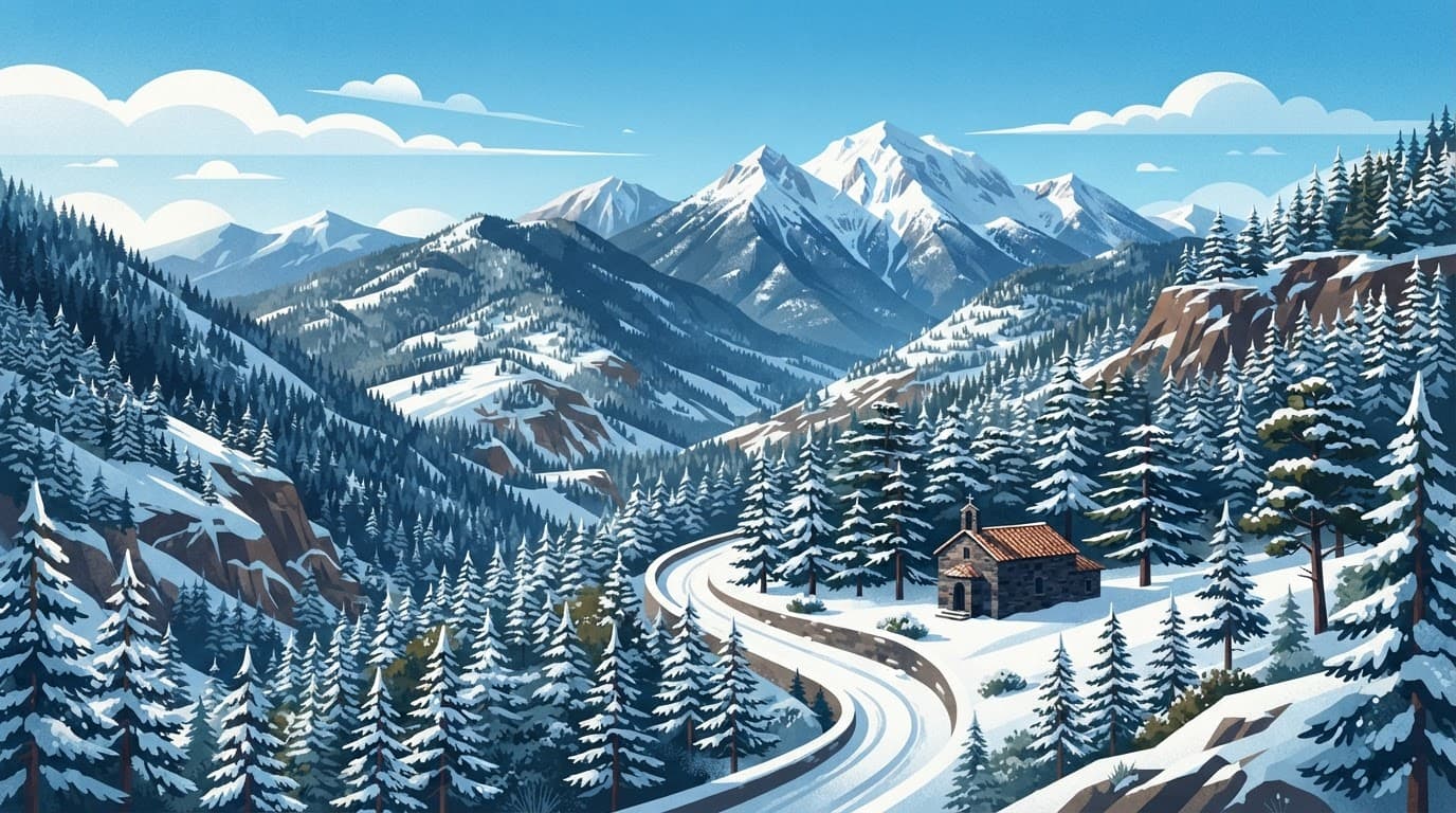 Snow-covered pine trees and mountain peaks under a bright winter sun.