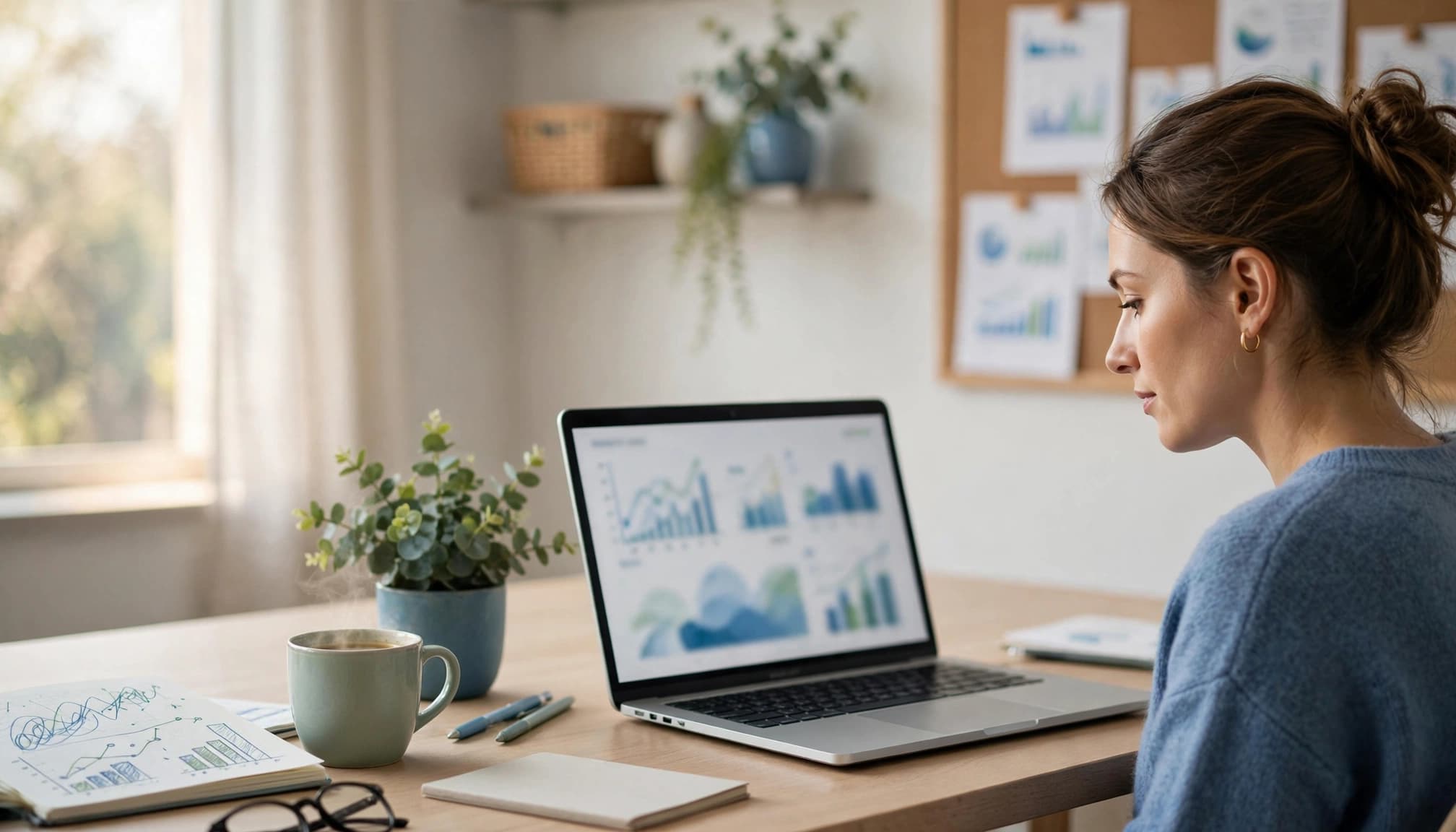 A marketer reviews campaign charts on a laptop beside coffee and a notebook.