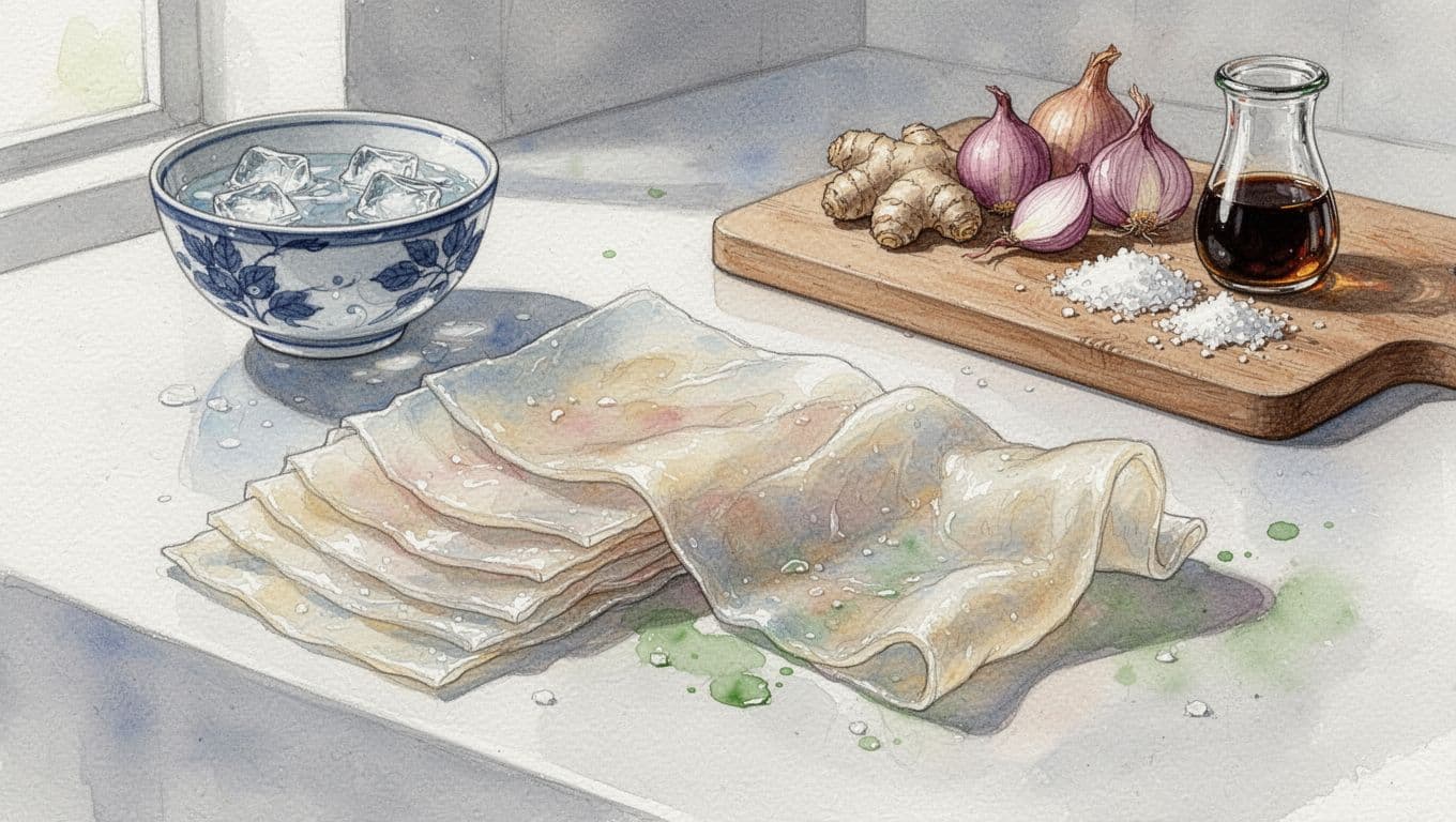 Chồng bì heo mỏng và một lát dày mềm trên thớt.