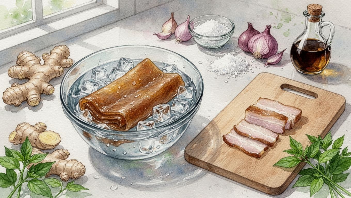 Miếng bì heo cuộn trong bát nước đá cạnh thớt và vài lát mỏng.