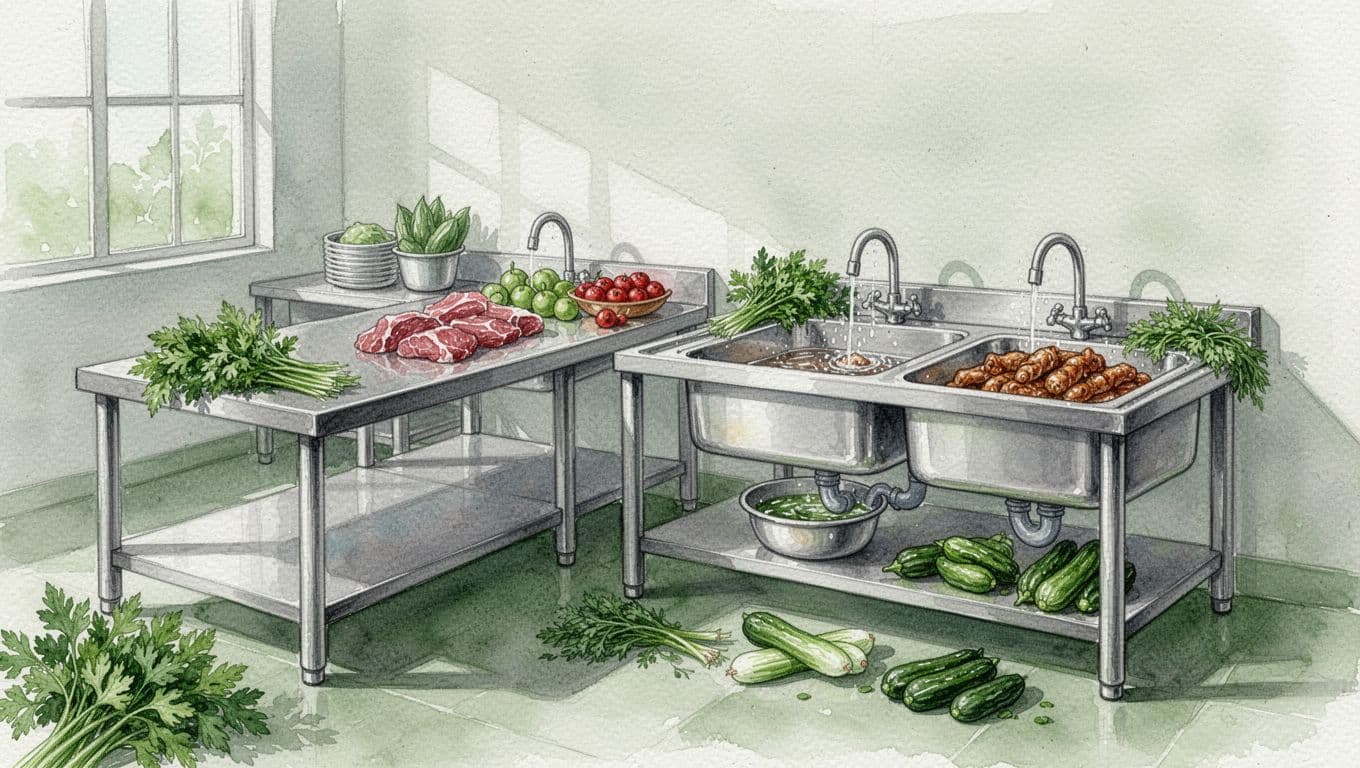 Bàn inox và bồn rửa tách biệt trong xưởng làm nem chua.