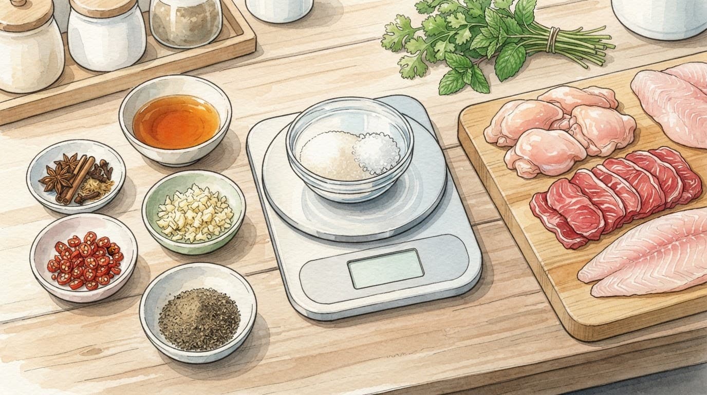 Cân điện tử đặt bát muối đường cạnh các bát gia vị và phần thịt sống.