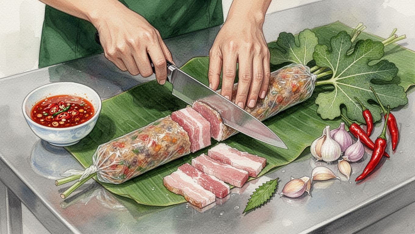 Đôi tay đang dùng dao cắt nem chua thành những lát đều trên bàn inox.