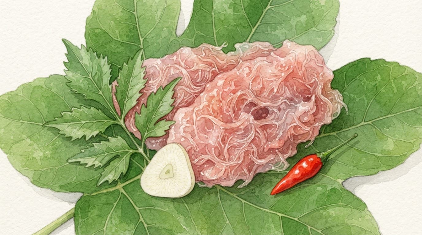 Thịt nem hồng, bì heo, lá đinh lăng, tỏi và ớt trên lá sung xanh.