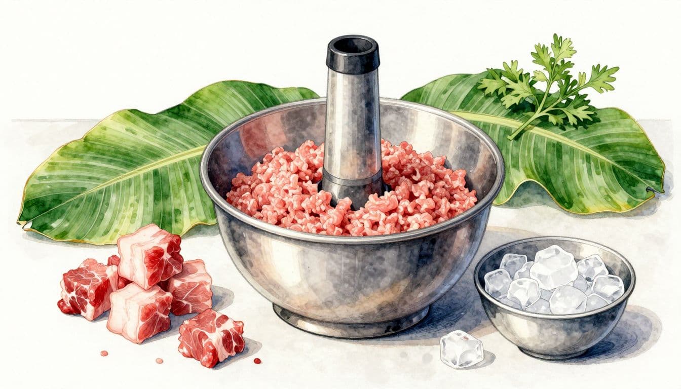 Bát inox chứa thịt heo xay lạnh, cạnh thịt cắt khối, mỡ heo và đá.