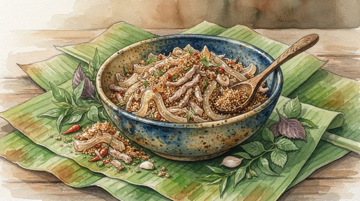 Bát đựng thính gạo và thịt lợn thái mỏng đặt trên lá chuối xanh.