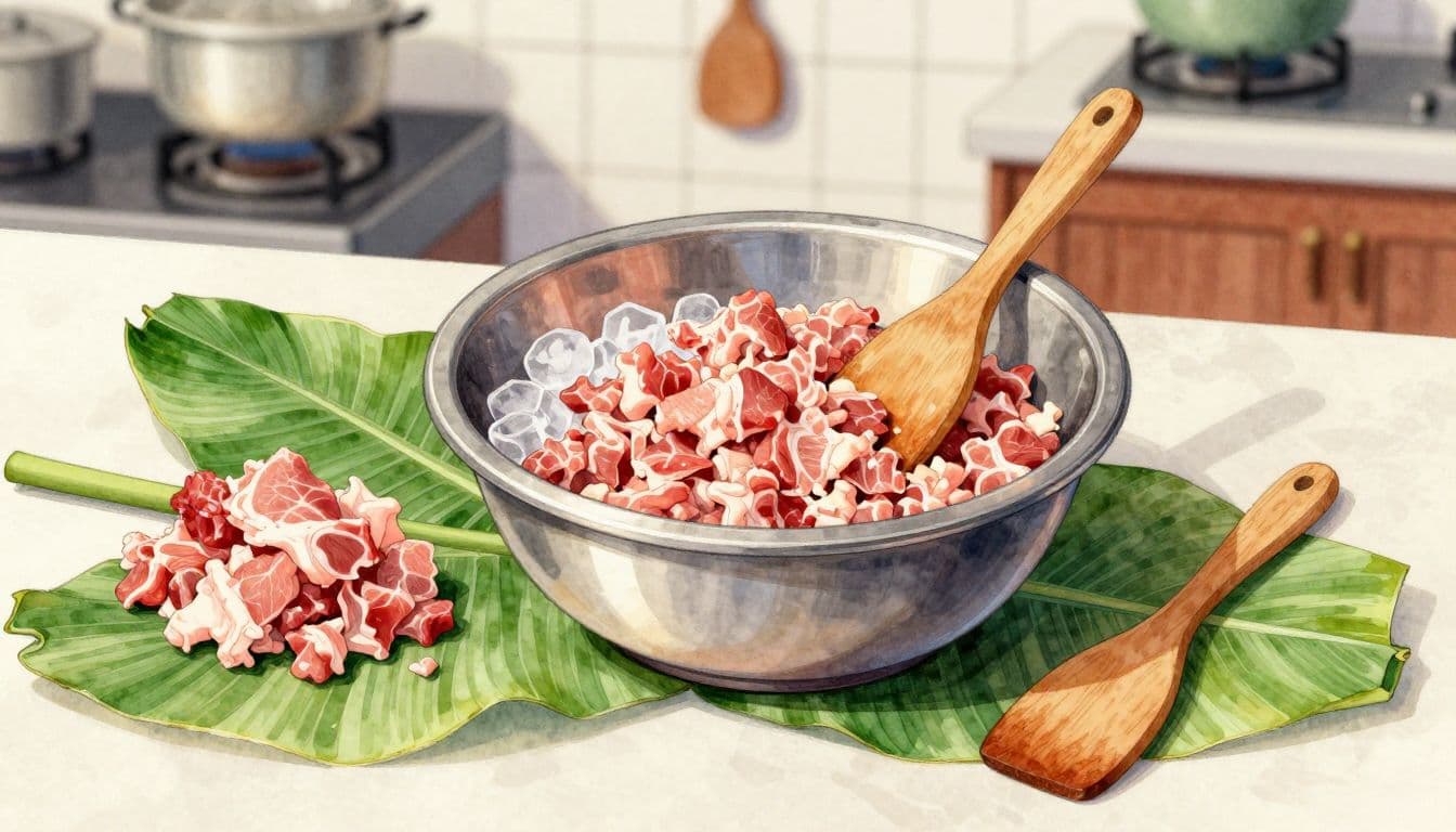 Bát inox trộn thịt heo băm với đá vảy.