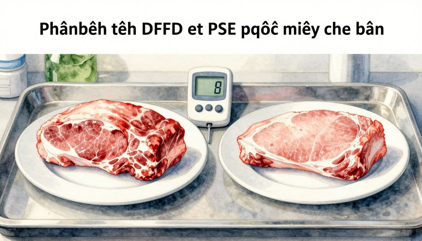 Mẫu thịt DFD sẫm màu và PSE nhạt màu đặt trên hai đĩa sứ trong phòng thí nghiệm.