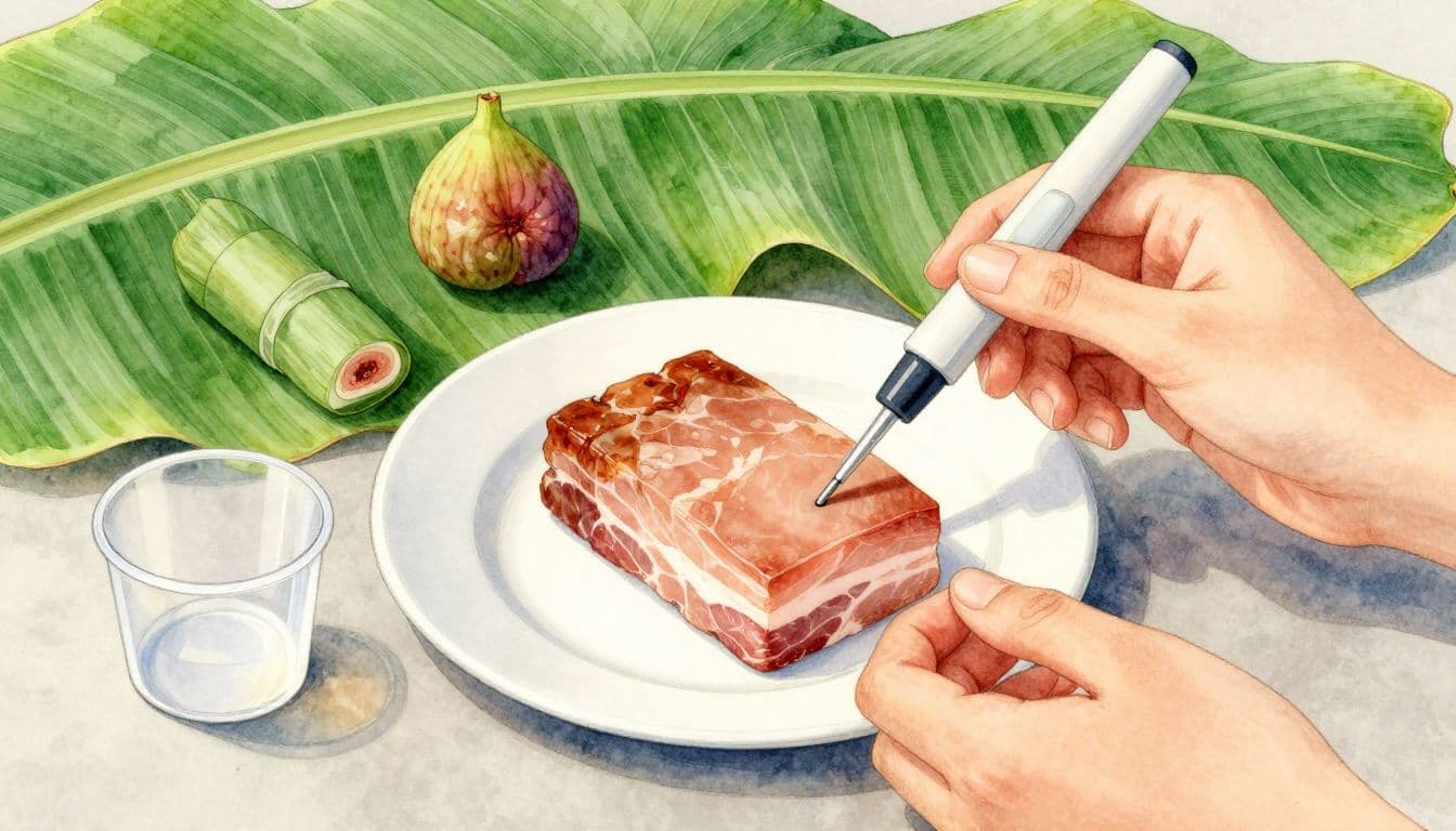 Bút đo pH chạm miếng nem chua trên đĩa sứ trắng.