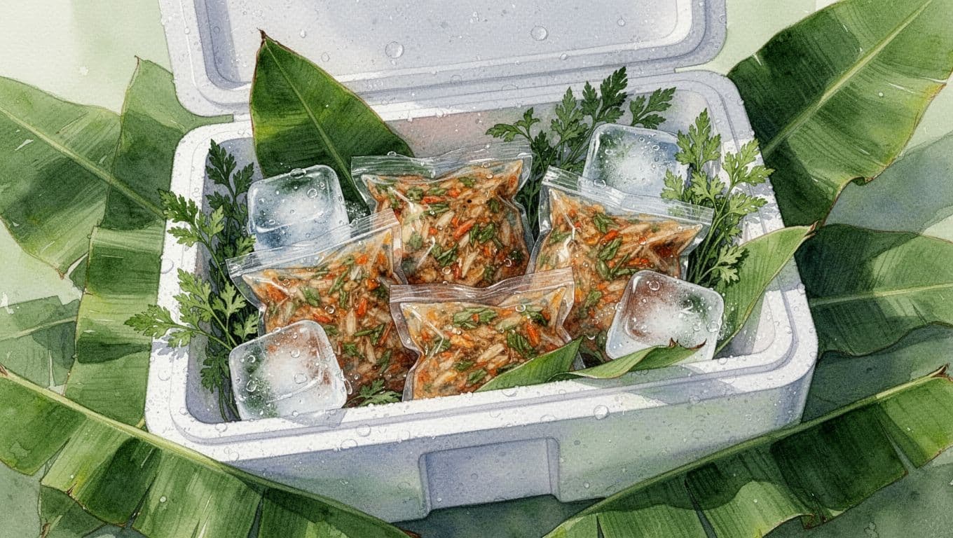 Các gói nem chua nằm trong thùng xốp cùng túi gel lạnh và lá chuối xanh.
